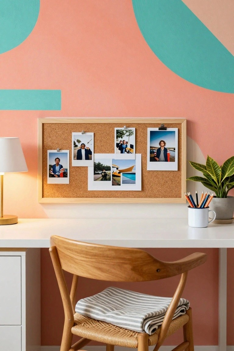 Home office desk with wooden chair draped in a throw, corkboard displaying Instax-style photos, desk lamp, colored pencils in mug, and potted plant, set against a pink wall painted with large teal abstract shapes.