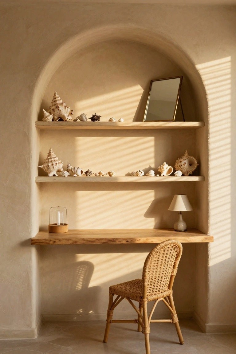 Minimalist wooden desk with seashells, lamp, wicker chair, arched niche.