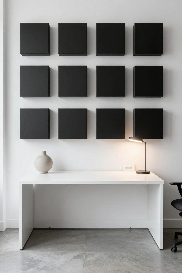 A minimalist home office featuring a white desk centered against a white wall with black rectangular panels arranged in a grid, a beige ceramic vase on the desk, a black desk lamp plugged into a wall outlet, and a black office chair on polished concrete flooring.