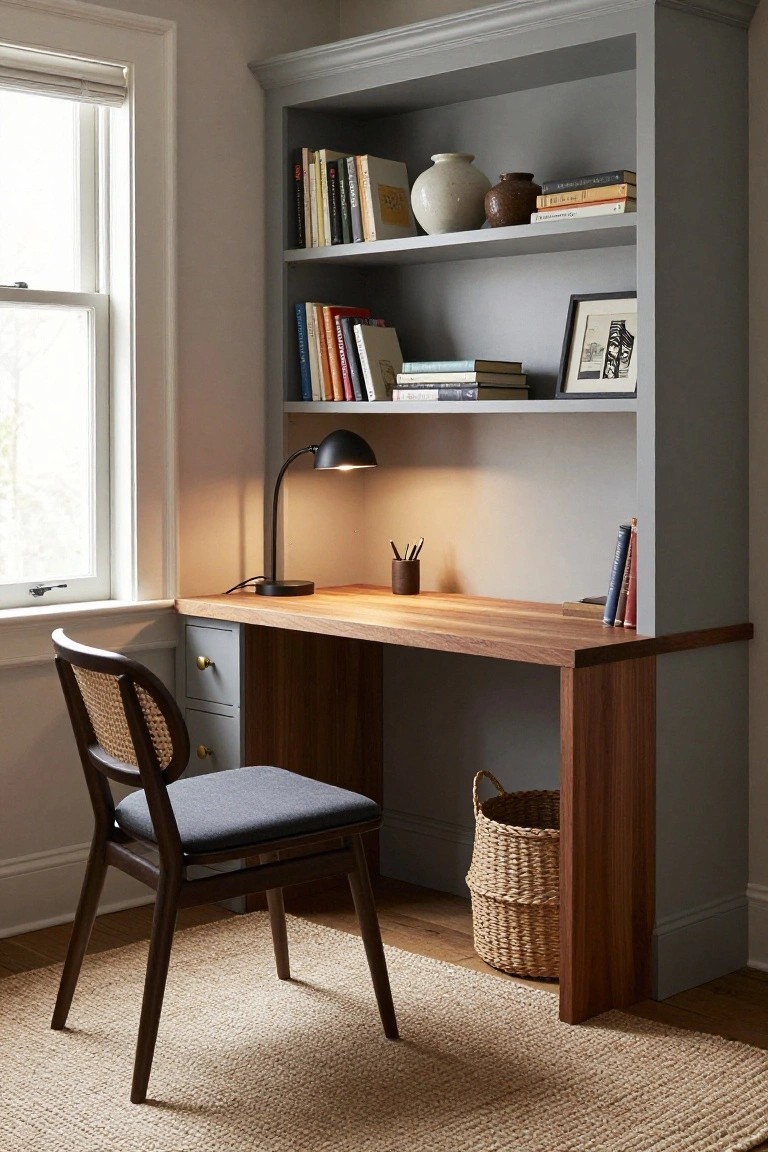 Gray built-in bookshelves integrated with a wood desk and drawers in a home office corner, featuring stacked books, a desk lamp, rattan chair, and seagrass basket nearby a window.