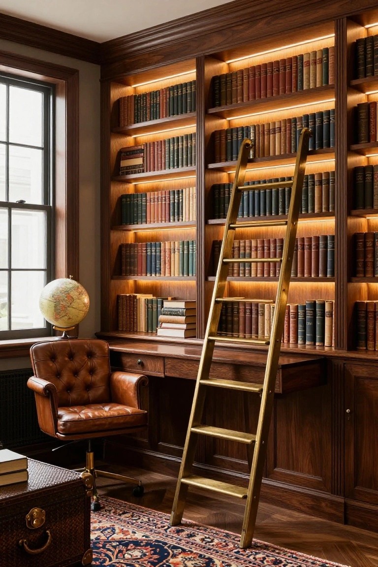 A home office corner with tall walnut bookshelves lit by LED strips, a brass rolling ladder, wooden desk with leather chair, globe, trunk, and patterned rug on wood floor.
