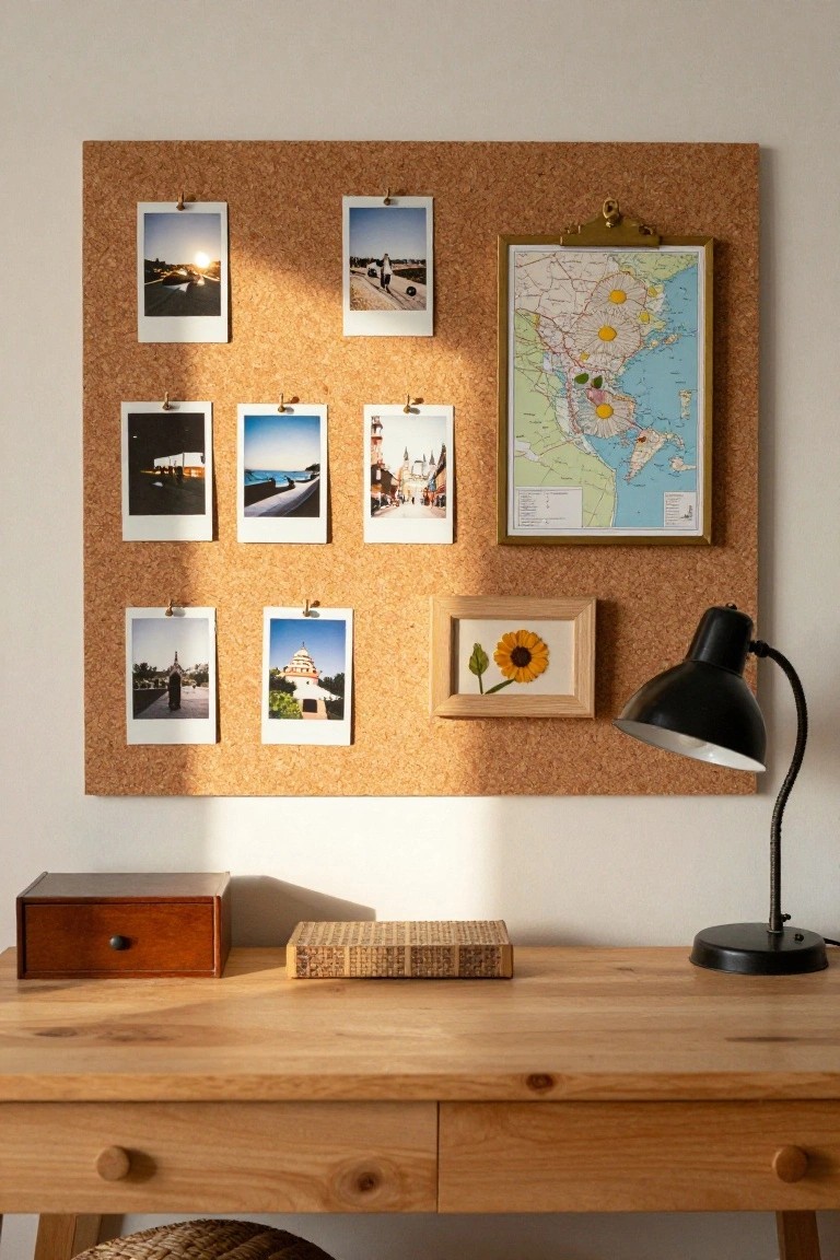 Corkboard on a wall above a wooden desk, displaying clipped square photos of travel scenes including roads, bridges, beaches, and buildings, plus a framed map and small sunflower frame, with a desk lamp and wooden box nearby.