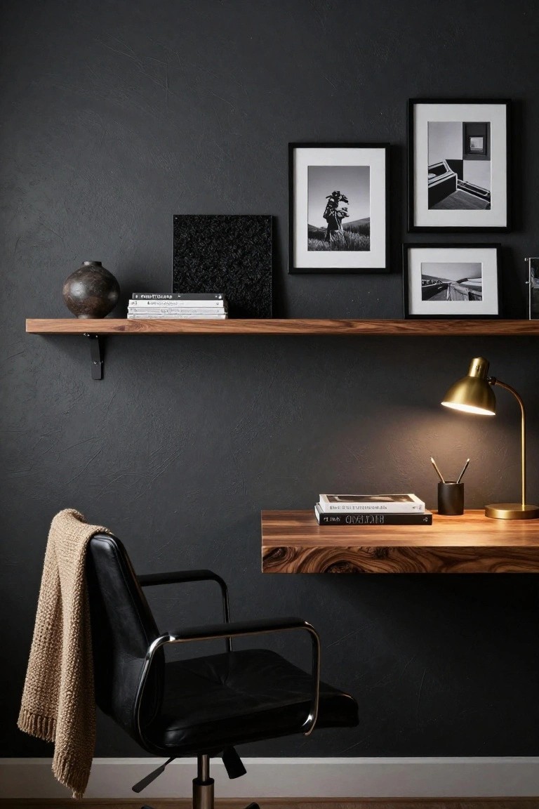 Home office with dark textured charcoal walls, floating walnut wood shelf displaying books, black picture frames, and pottery, matching wood desk holding an open book and gold desk lamp, black leather swivel chair with beige knit throw draped over it.