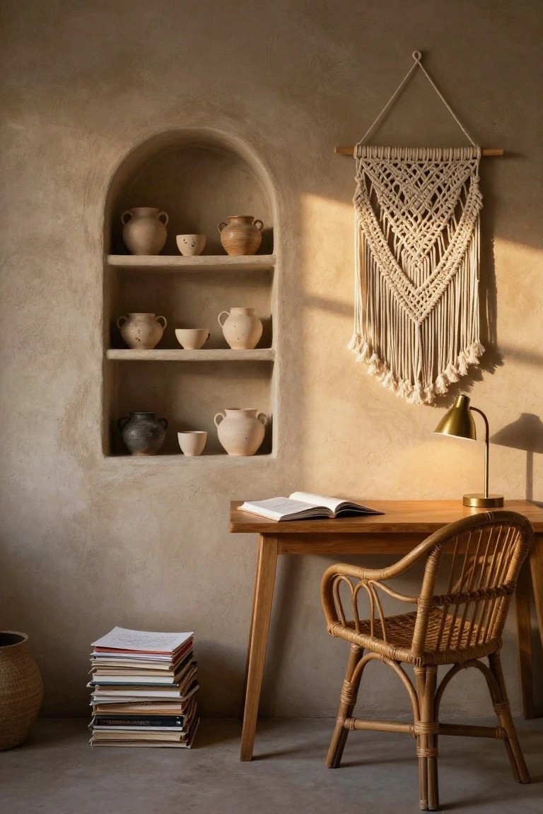 Beige textured plaster wall with arched niche shelves displaying assorted terracotta pottery jars and cups, wooden desk with rattan chair and stack of books, macrame hanging nearby, and gold desk lamp in a cozy indoor office corner.