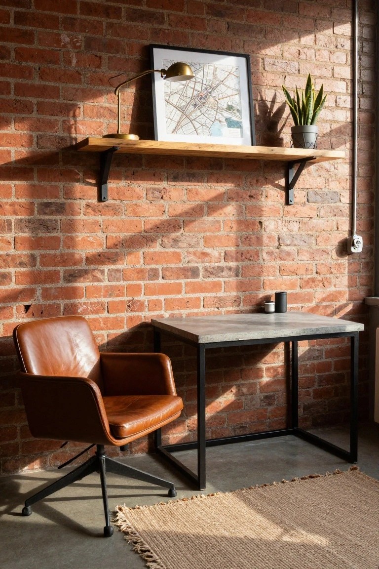 Home office nook featuring a tall exposed red brick wall with wooden floating shelf holding a brass lamp, framed city map, and potted snake plant above a concrete-top metal desk, tan leather swivel chair, small mug, and jute rug on concrete floor.