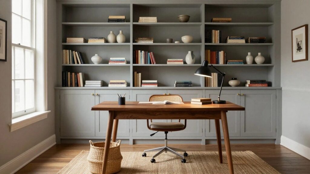 25 Home Office Background Wall Ideas Perfect for Zoom Gray built-in bookshelves integrated with a wood desk and drawers in a home office corner, featuring stacked books, a desk lamp, rattan chair, and seagrass basket nearby a window.