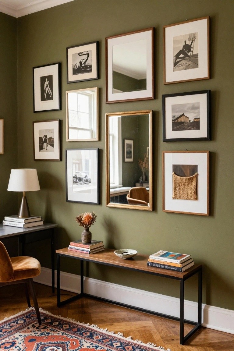 Dark green wall in a home office corner with eclectic gallery of framed black-and-white photos, abstract art, and mirrors above a wooden bench, desk, lamp, and velvet chair on hardwood floor with rug.