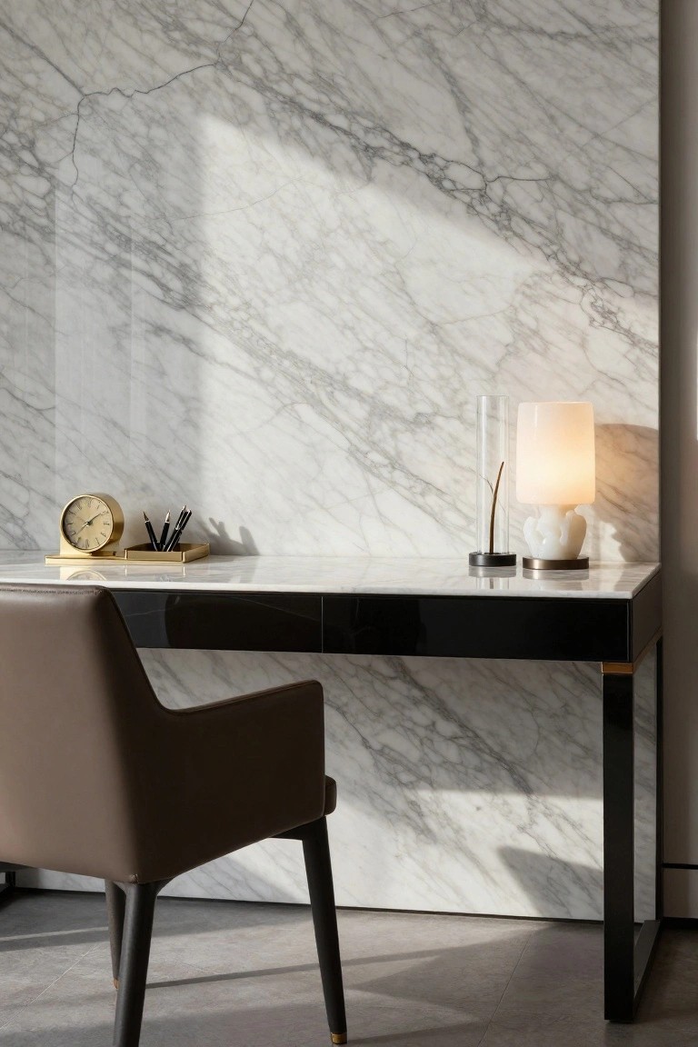 Modern home office featuring a black desk with brown leather chair positioned against a tall white veined marble wall, with a glass lamp, gold clock, and pens on the marble-topped surface.