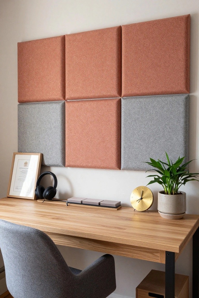 Home office with light oak desk, gray swivel chair, gold wall clock, potted green plant, over-ear headphones, framed certificate, and nine fabric-covered acoustic panels in rust and gray arranged in a grid on the white wall behind the desk.