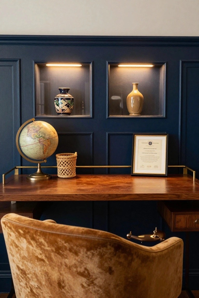 Home office desk of dark wood with brass globe stand, woven basket, framed certificate in black frame, and gold rail against navy blue paneled wall with two lit niches holding ceramic vases, plus tufted orange velvet chair.