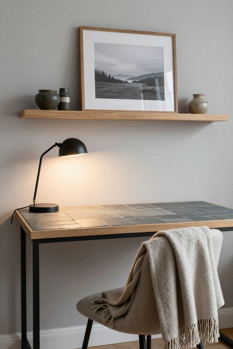 Home office with light gray wall, floating oak shelf displaying two pottery vases and a framed black-and-white photo of mountains and trees, black adjustable desk lamp turned on, slate-topped wooden desk on black metal legs, and beige chair with cream blanket draped over it.
