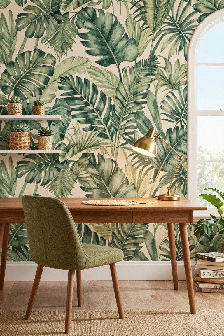 Home office featuring green palm leaf wallpaper on walls, wooden desk with green upholstered chair, gold desk lamp, shelves with potted succulents, and stacked books.