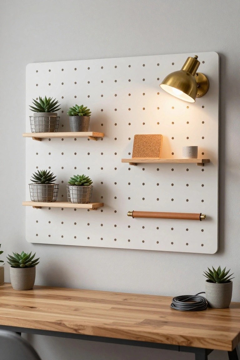 White pegboard wall above a wooden desk, with wooden shelves holding metal baskets of succulents, a lit gold wall lamp, corkboard, ceramic mug, leather-wrapped rod, and desk plants with coiled cable.
