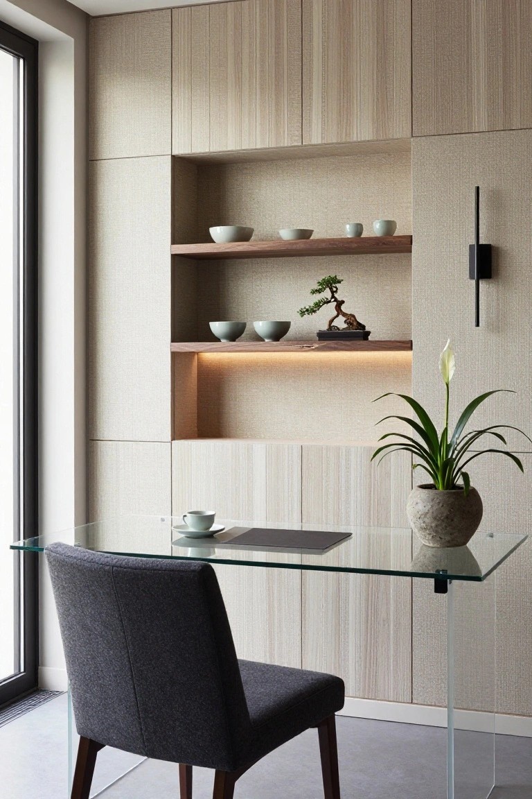 Modern minimalist dining area with glass table, bonsai, and floating wooden shelves.