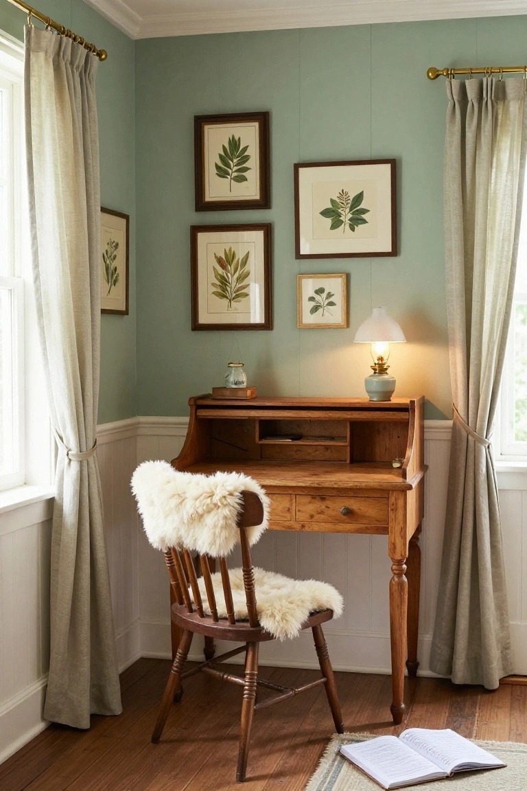 Corner home office with pale sage green walls, wooden cylinder desk, sheepskin-draped chair, multiple framed botanical leaf prints, linen curtains on windows, and a small lamp on the desk.