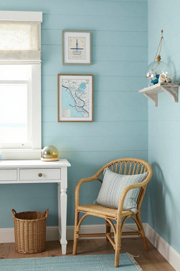 Corner of a light blue shiplap-walled home office with a white desk, rattan armchair with striped pillow, window overlooking water, nautical prints, glass terrarium with shells on a wooden shelf, and woven wastebasket.