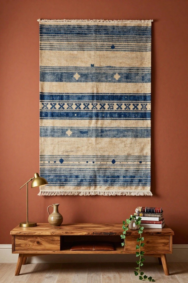 Terracotta painted wall displaying a large vertical blue and white striped woven tapestry with fringe edges, next to a wooden console table holding stacked books, a trailing plant in a pot, a ceramic vase, and a gold desk lamp on light wood flooring.