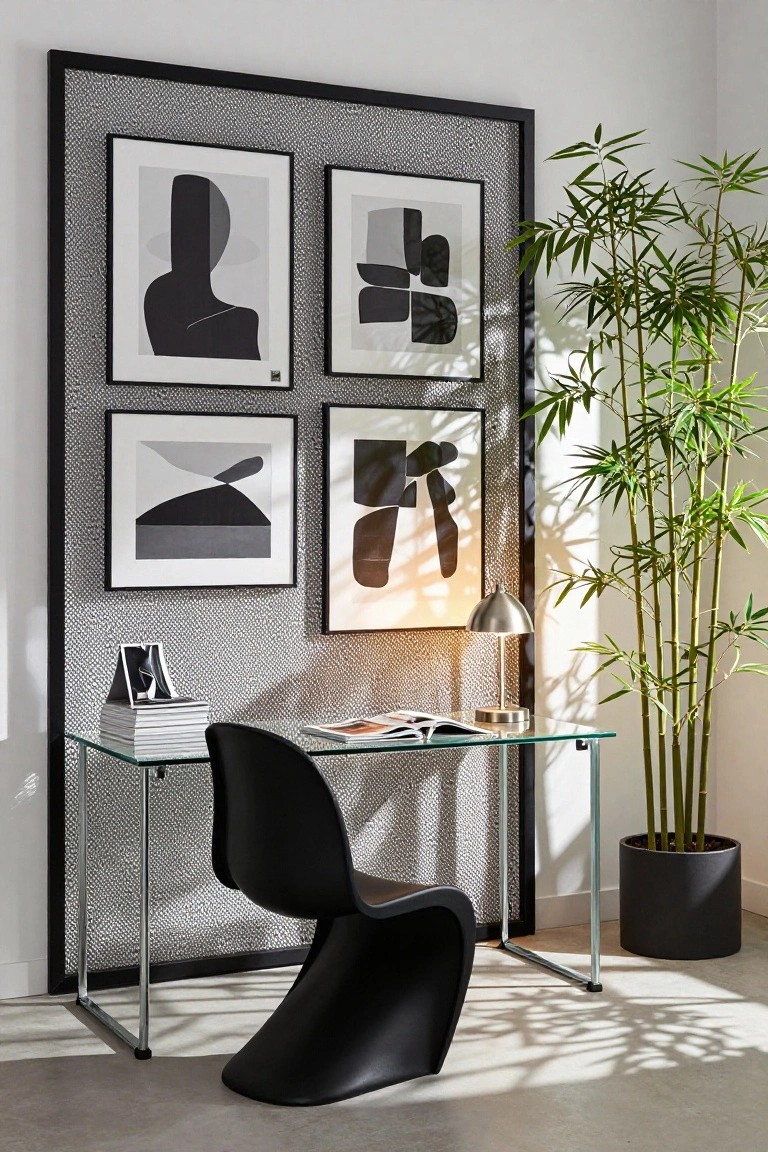 Home office corner with tall black-framed textured gray wall displaying four white mats with black and white abstract prints, glass desk holding open magazine and stack of papers, black molded plastic chair, small desk lamp, and tall potted bamboo plant on concrete floor.