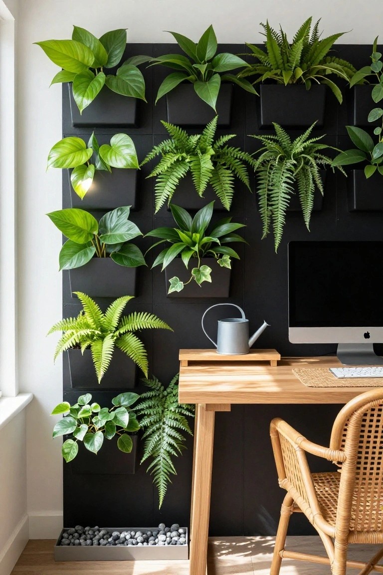 Home office with wooden desk, iMac computer, rattan chair, watering can on wooden stand, and black wall panels filled with potted green plants including ferns and vines.
