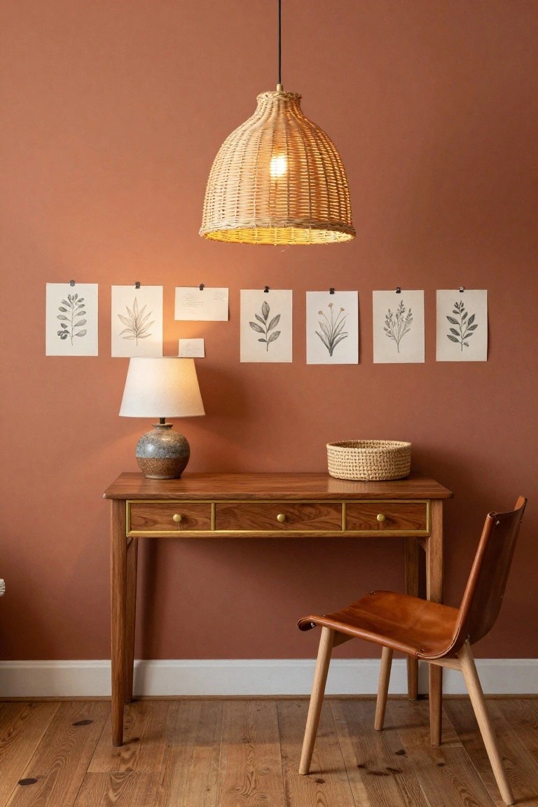 Wooden desk with gold-trimmed drawers against a terracotta wall displaying pinned black-and-white botanical leaf prints, ceramic table lamp, woven pendant light overhead, woven basket on desk, and tan leather chair nearby.