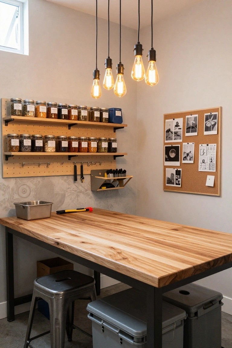 A home workspace with wooden workbench, metal stools, wall-mounted shelves of glass jars containing spices and herbs, pegboard tools, and a corkboard.
