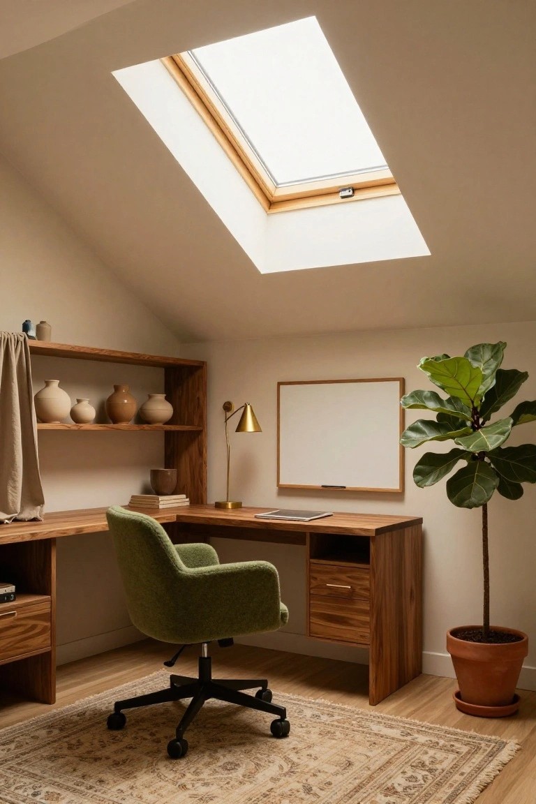 Attic home office with wooden built-in L-shaped desk and shelves, green upholstered swivel chair, gold desk lamp, white dry-erase board, potted plants, skylight, and beige rug on wood floor.