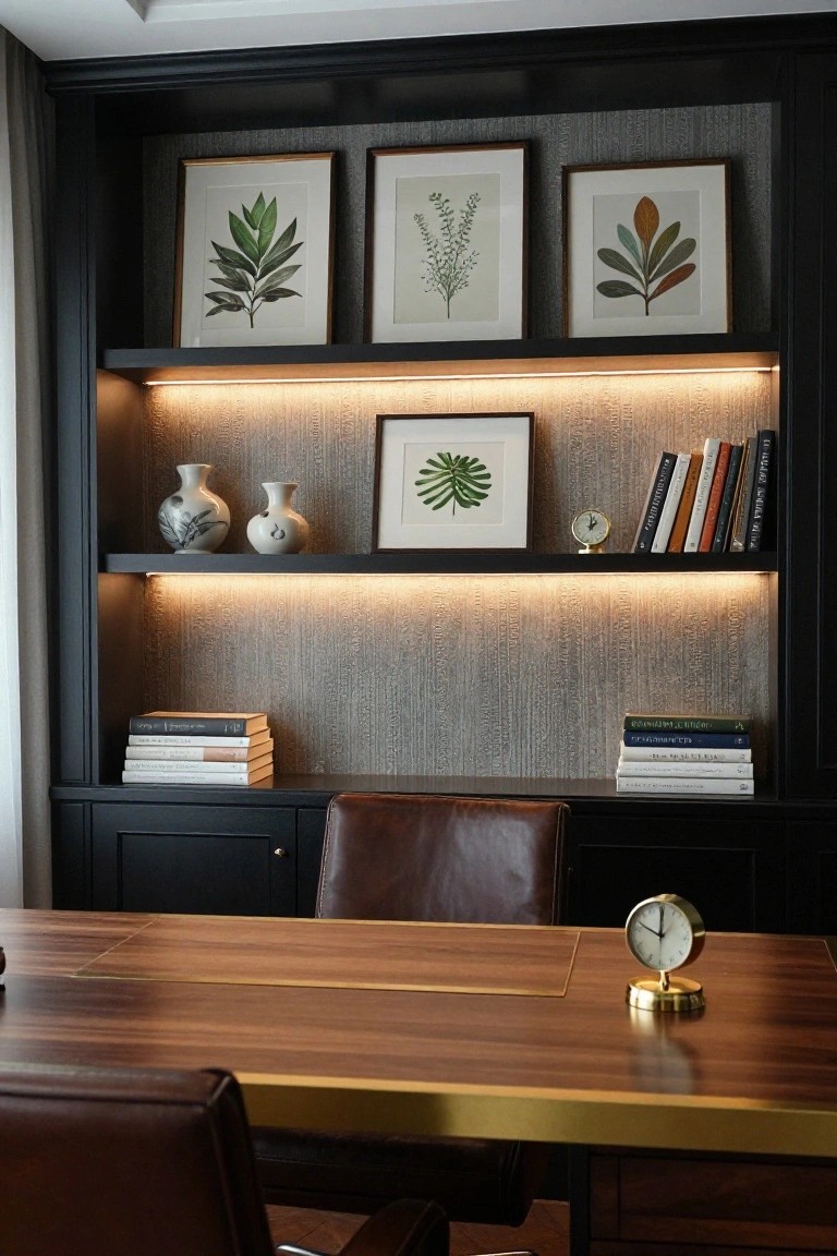 Dark wood built-in shelving unit with LED underlighting in a home office, displaying botanical art prints, white vases, stacked books, leather chairs, wooden desk, and brass clock.