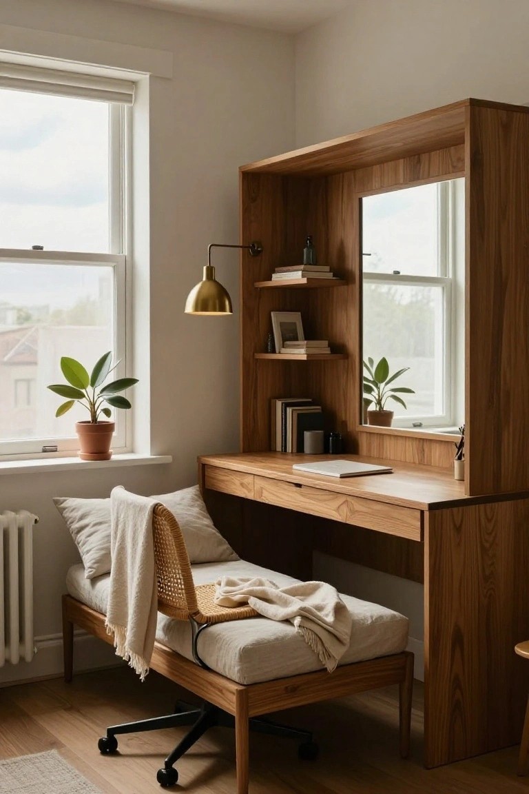Home office with tall wooden built-in cabinet featuring integrated desk, open shelves with books and decor, mirror, potted plants, cushioned bench, and office chair by two large windows.