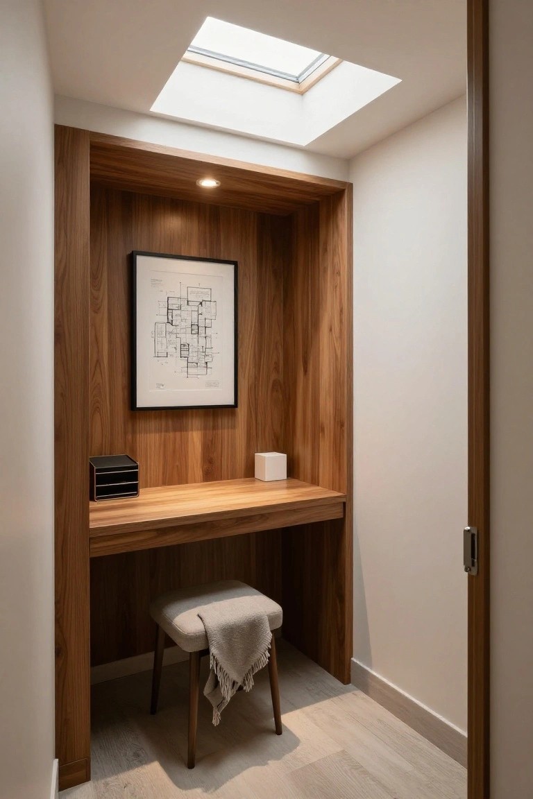 Compact wood-paneled home office nook with built-in desk, cushioned stool draped with a throw, black tray organizer, white box, framed blueprint artwork, recessed lighting, and overhead skylight.