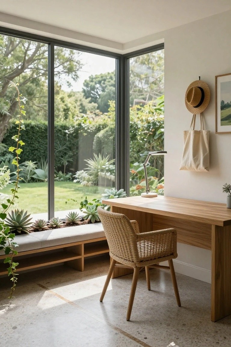 Modern home office with light wooden desk, rattan chair, and built-in bench by large corner floor-to-ceiling windows overlooking lush garden with plants on the windowsill.