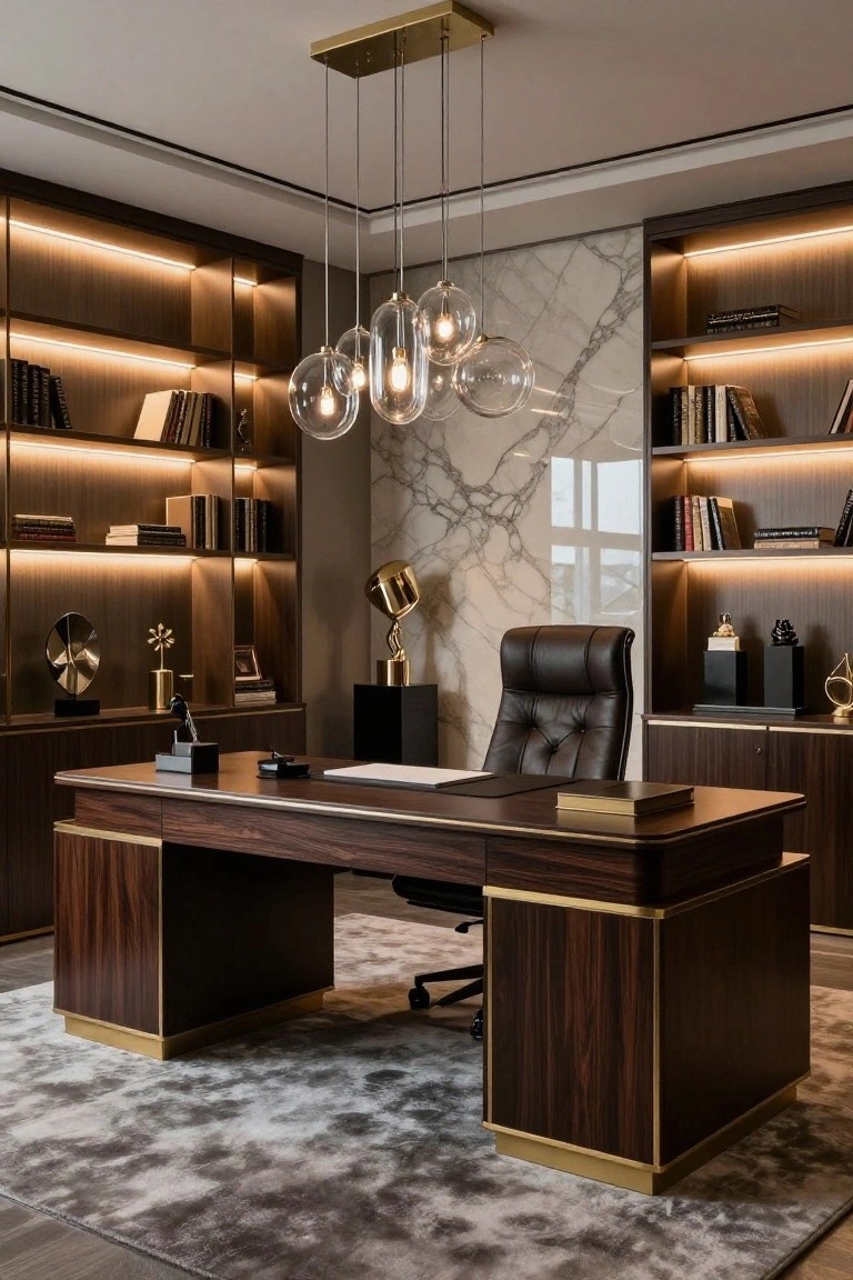 Modern home office with large dark wood desk featuring brass trim on edges and legs, black leather executive chair, surrounding wooden bookshelves with integrated LED lighting, marble wall behind desk, gold sculptures, and blown glass pendant light above.