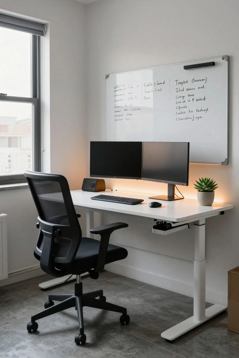 Home office with white height-adjustable standing desk supporting dual black monitors, white keyboard, black mouse, black mesh ergonomic chair, small speaker, potted succulent, and whiteboard with notes next to a window.