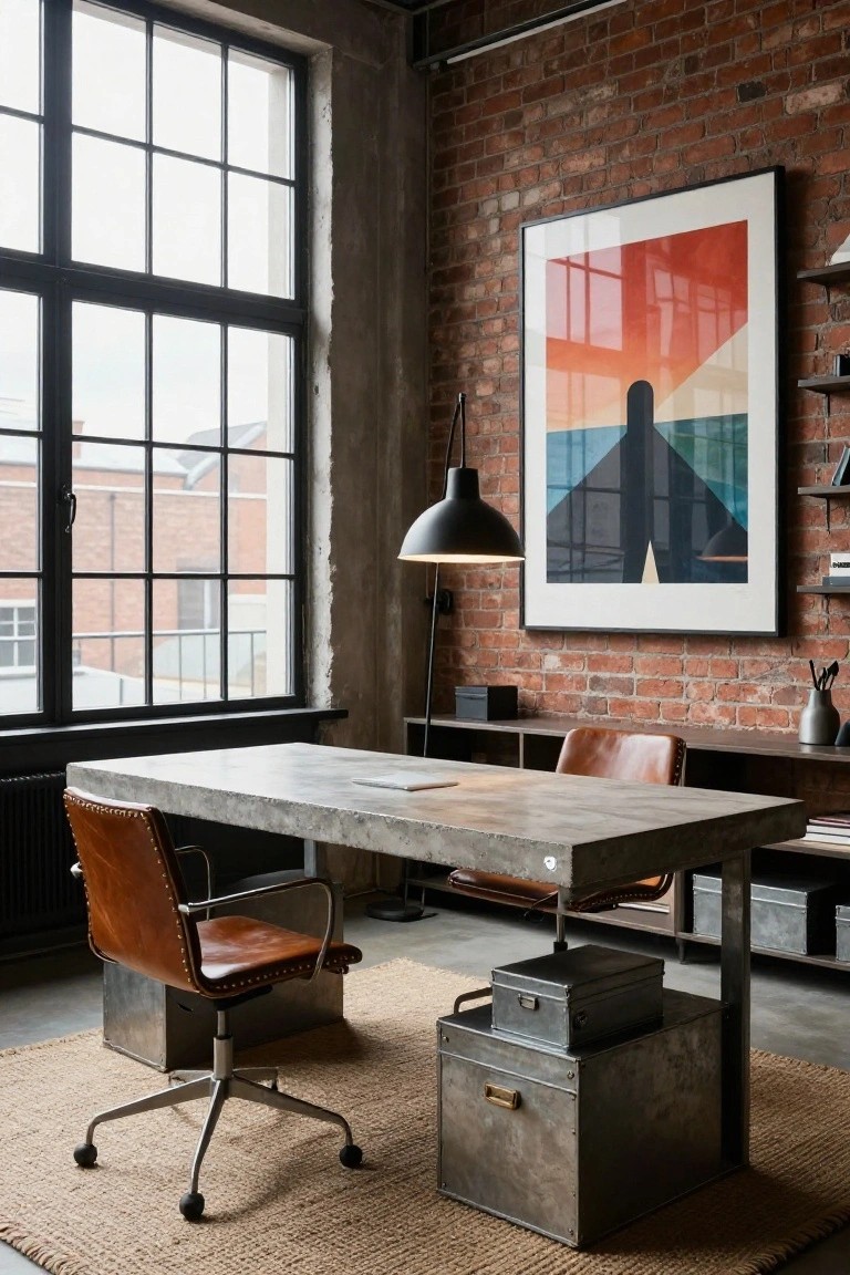Home office with red exposed brick walls, gray concrete desk on metal frame, two brown leather chairs, galvanized metal boxes, pendant lamp, and large abstract print beside multi-pane steel windows.