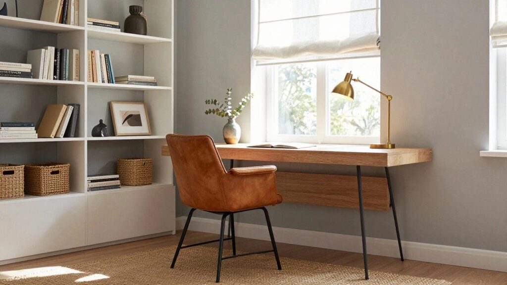 A corner home office with light wood desk on black legs, tan leather chair, three levels of white floating shelves holding books and a woven basket, gold desk lamp with eucalyptus vase, beside a window with linen shade in a pale gray room on hardwood floor.