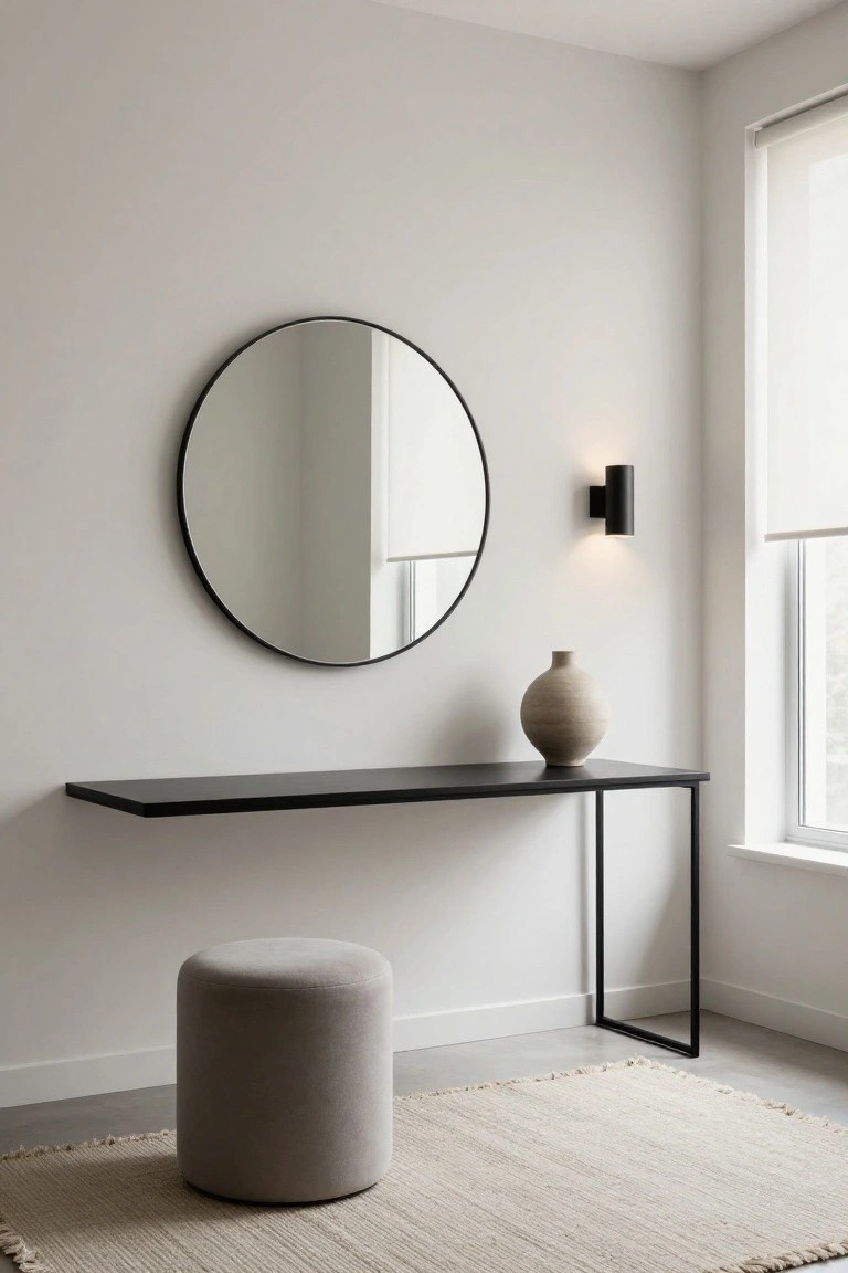 Minimalist interior corner featuring a large round black-framed mirror on a white wall above a black floating console table with a beige ceramic vase, a black wall-mounted light fixture, a gray fabric pouf stool on a beige fringed rug, and a window with white roller blind.