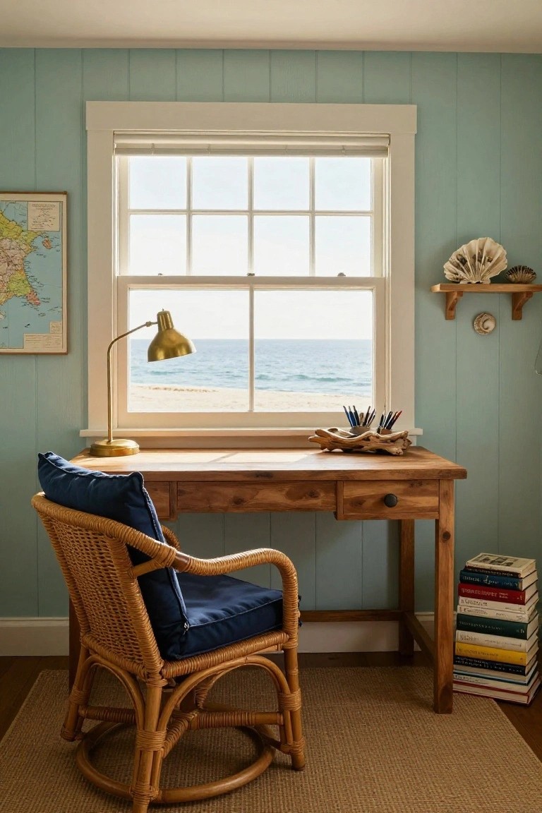 Light blue paneled walls in a home office with a wooden desk and rattan chair by a large open window overlooking the ocean and beach, plus driftwood holder, books stacked on floor, and nautical shelf details.
