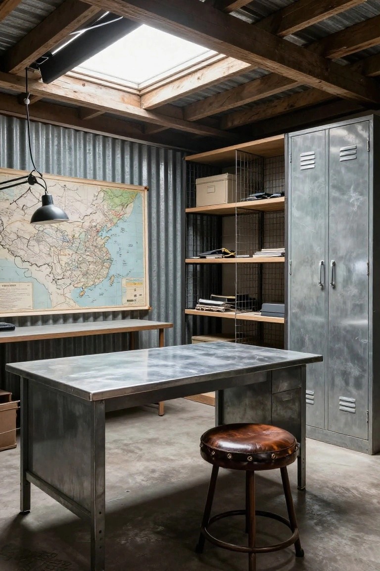 Corrugated metal shed interior set up as a home office with wooden ceiling beams, skylight, large metal desk, leather stool, metal lockers, open wire shelves, and a framed vintage map on the wall.