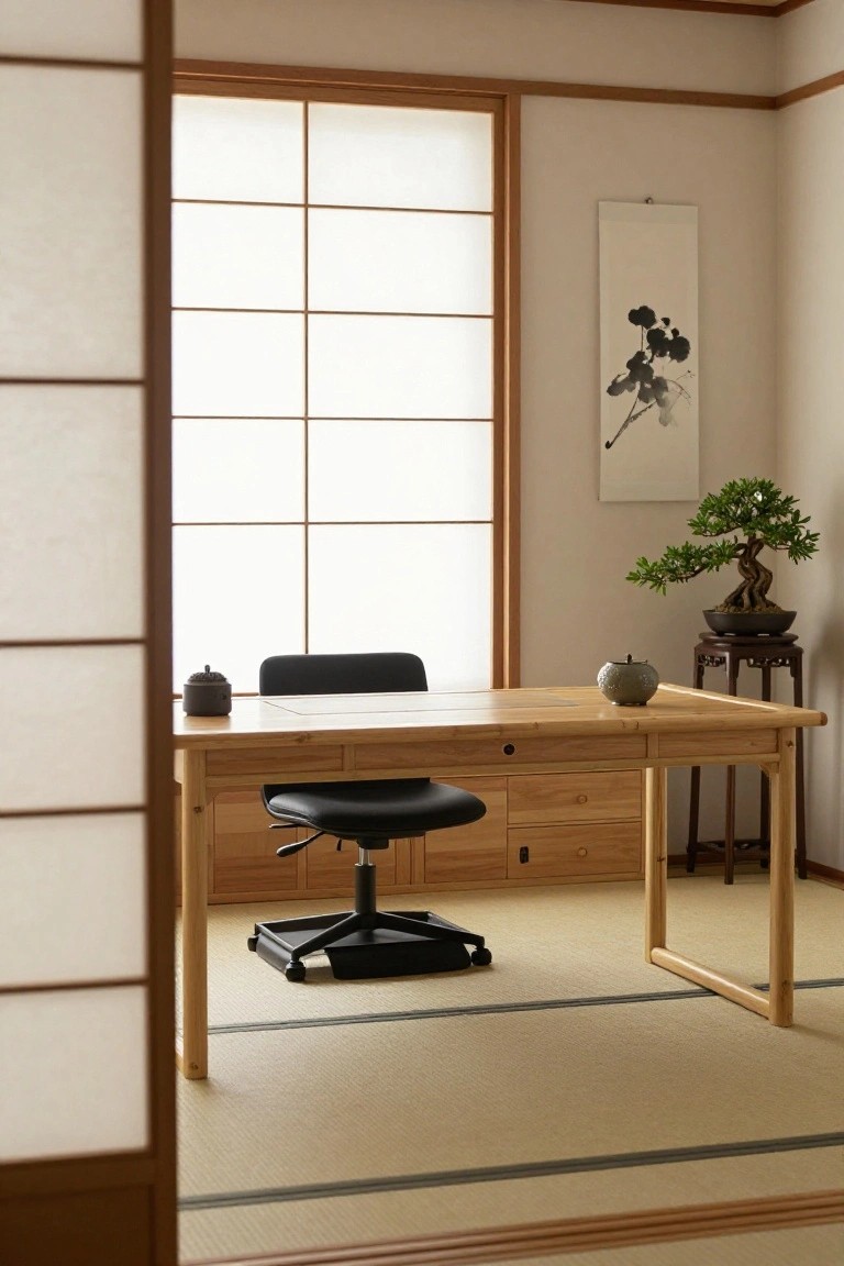 Japanese-style home office room with wooden desk and black swivel chair on tatami mat floor, shoji screen sliding door and window, bonsai tree on stand, ink painting on wall, and teapots on desk.