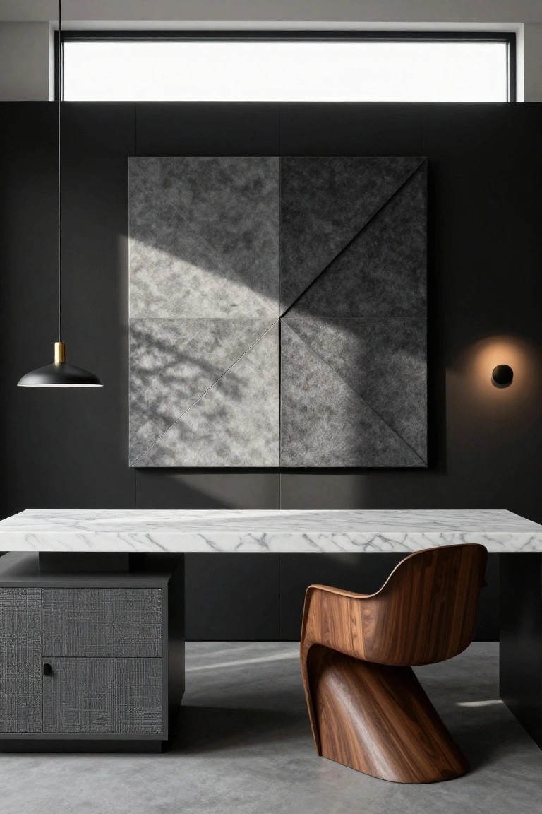 Modern home office with white marble-topped desk on dark cabinetry base, sculptural walnut chair, geometric gray felt wall art on black wall, black pendant light with gold accent, wall sconce, strip window, and polished concrete floor.