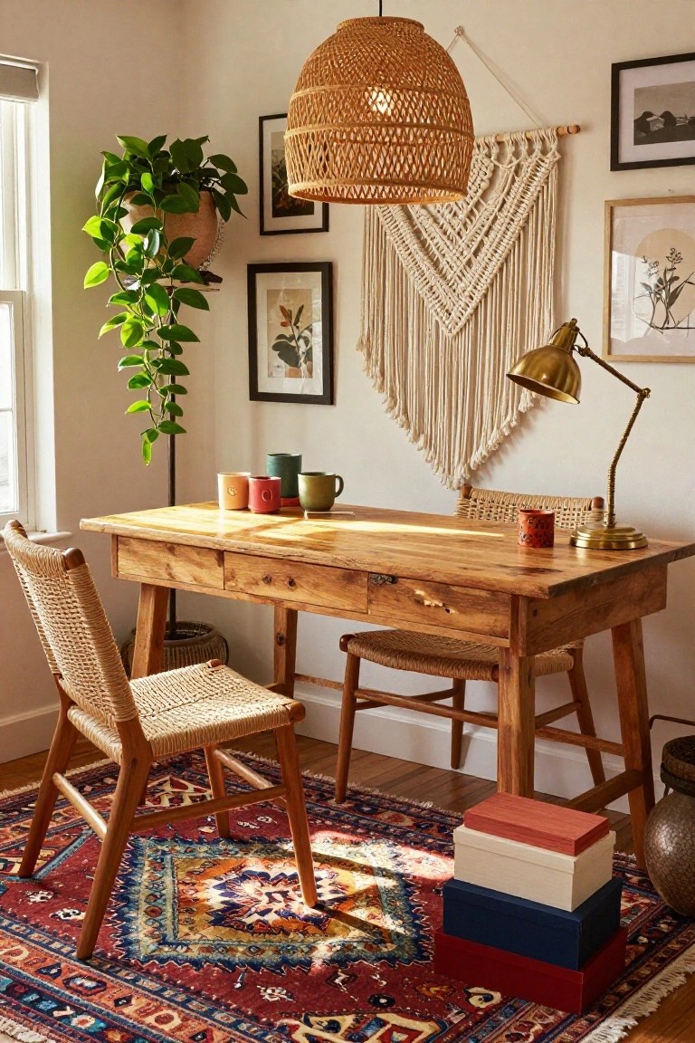 Sunlit corner home office with wooden desk, two rattan chairs, tall potted plant, macrame wall hanging, woven pendant light, brass lamp, framed artwork, and colorful mugs on red rug.