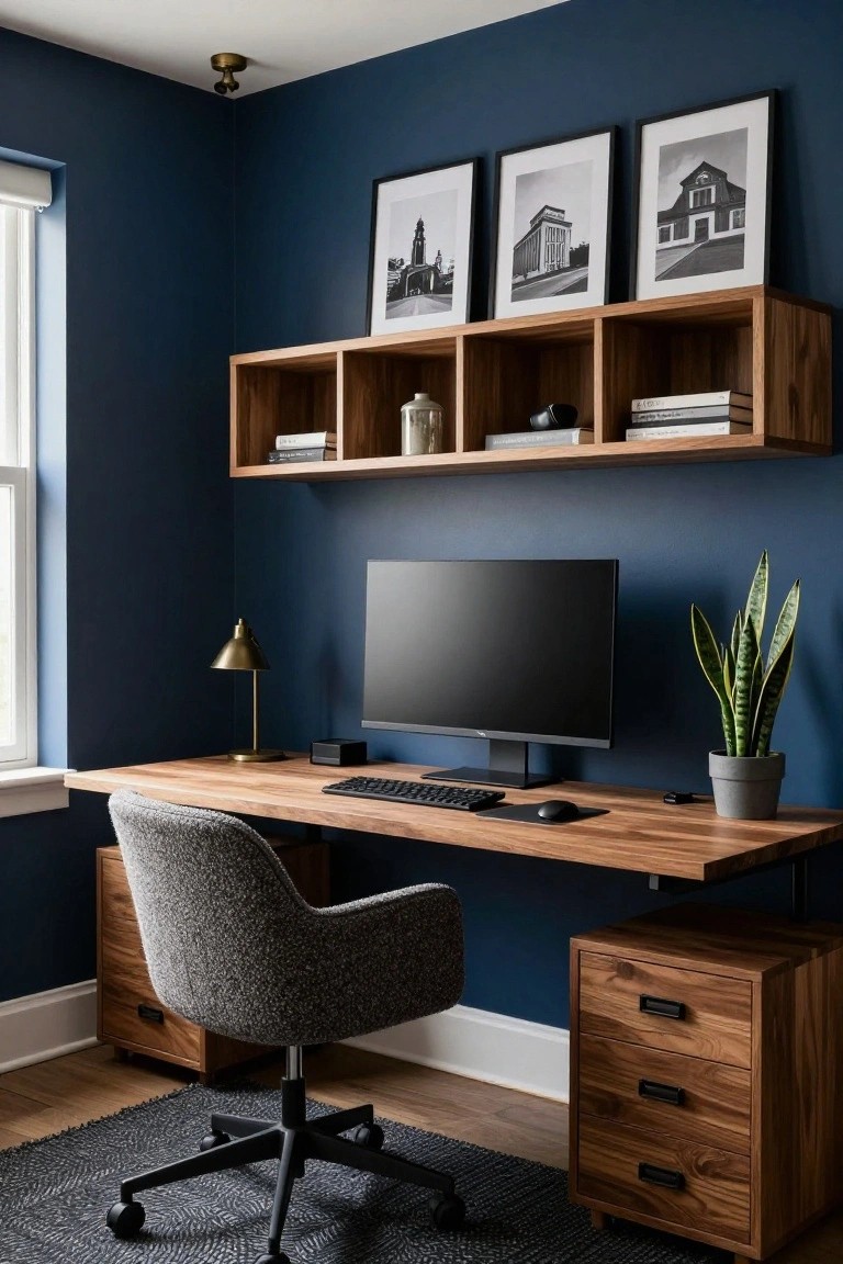 Home office with dark navy blue walls, floating wooden shelves holding books and decor, wooden desk with black monitor and keyboard, gray fabric chair, brass lamp, and potted snake plant.