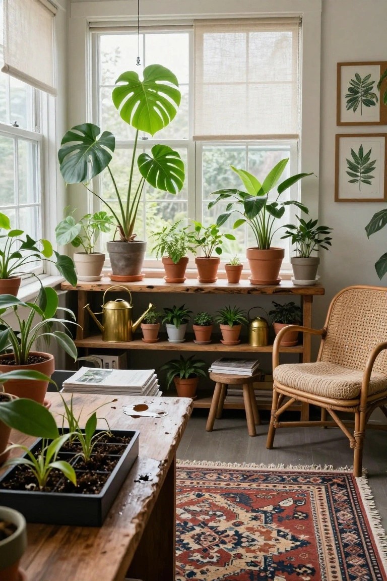 A bright indoor corner with large monstera plants by the windows, various potted houseplants on wooden shelves and a table, brass watering cans, a rattan armchair, stool, magazines, and a red Persian rug on the wood floor.
