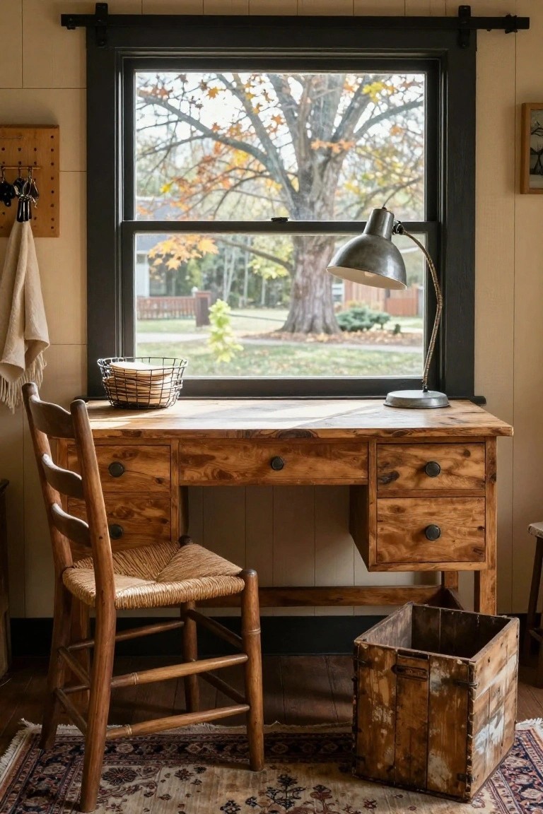 Wooden desk with drawers and rattan chair positioned by a large black-framed window overlooking autumn trees in a light-paneled room with a desk lamp and woven basket.