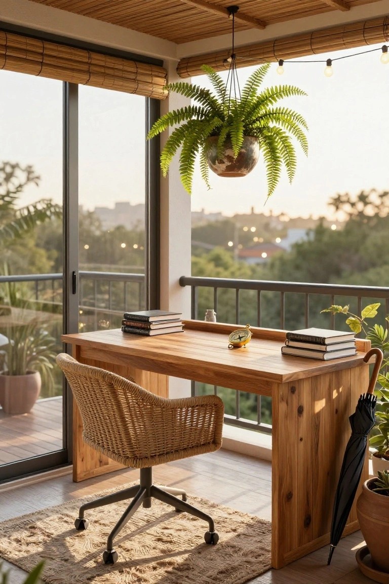 Wooden desk on a balcony with stacked books, brass compass, glass bottle, umbrella, rattan chair, hanging fern plant, bamboo blinds on sliding glass doors, black metal railing, and sunset cityscape view.