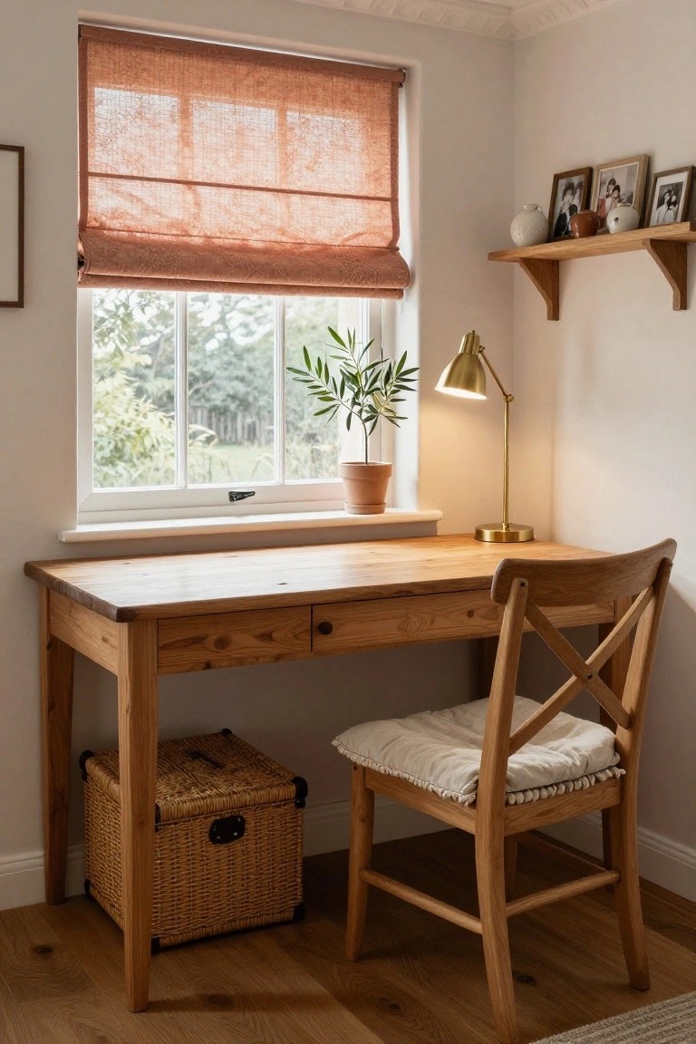 Cozy home office corner with wooden desk, cross-back chair with cushion, gold desk lamp, potted olive plant near window with sheer rust-colored blind, wooden wall shelf holding ceramics and photo frames, on light wood floors.