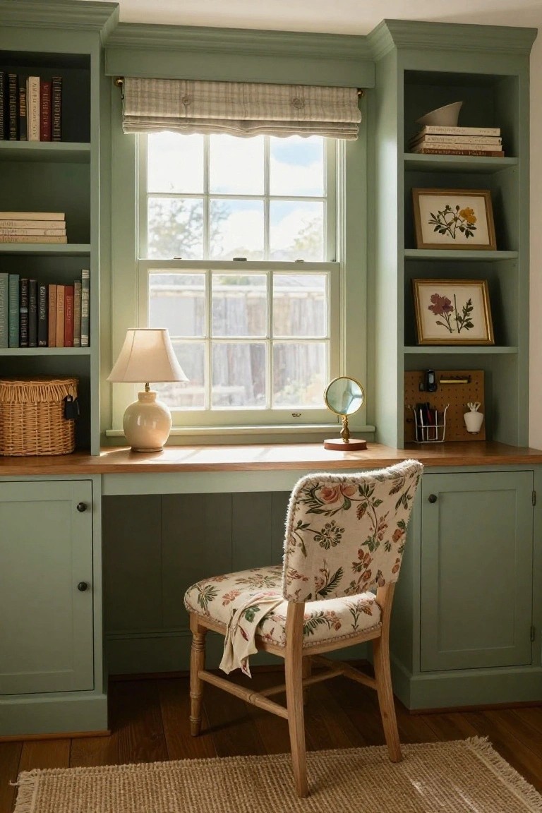 Home office with sage green built-in cabinets and bookshelves surrounding a wooden desk under a window, featuring a floral upholstered chair, lamp, and various books and decor items.