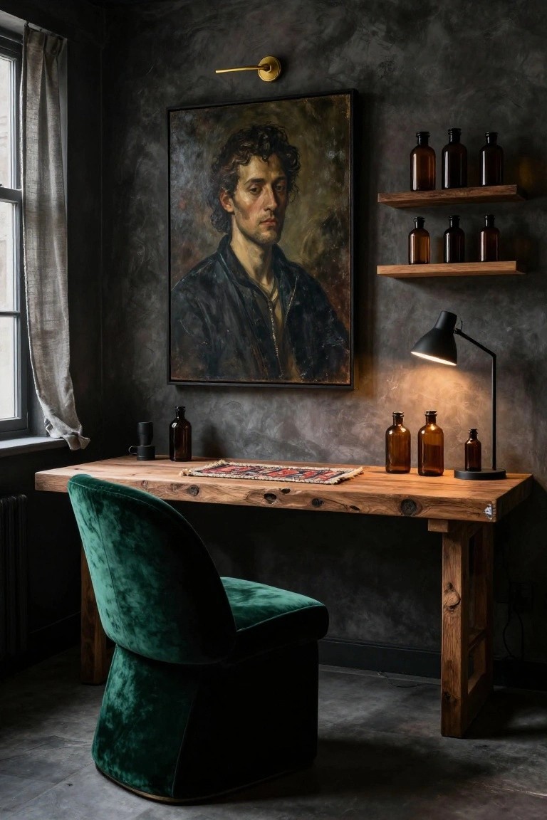 Home office with dark textured plaster walls, large framed portrait of a man in dark clothing, wooden floating shelves with amber glass bottles, wooden desk topped with bottles, black mug, lamp, and rug runner, plus green velvet chair.