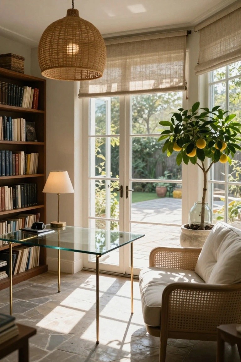 Corner home office featuring tall bookshelves filled with books, a clear glass desk on brass legs, a white rattan armchair, a potted lemon tree, a table lamp, and French doors opening to a garden patio.