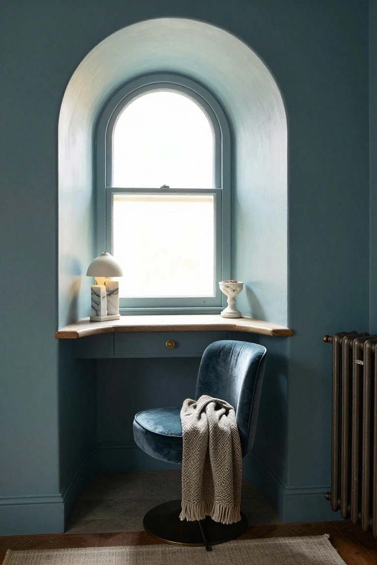 Teal alcove with corner wooden desk, blue velvet chair draped with throw blanket, marble lamp base, white vase, brass radiator, and seagrass rug on wood floor next to arched window.
