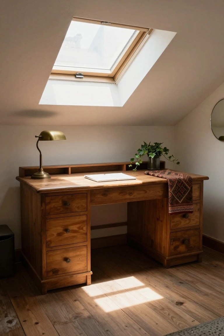 Wooden desk with drawers and brass desk lamp in an attic room under a skylight, with an open notebook, ivy plant in glass pot, and patterned textile runner on the desktop, beige walls, round mirror, and wooden flooring.